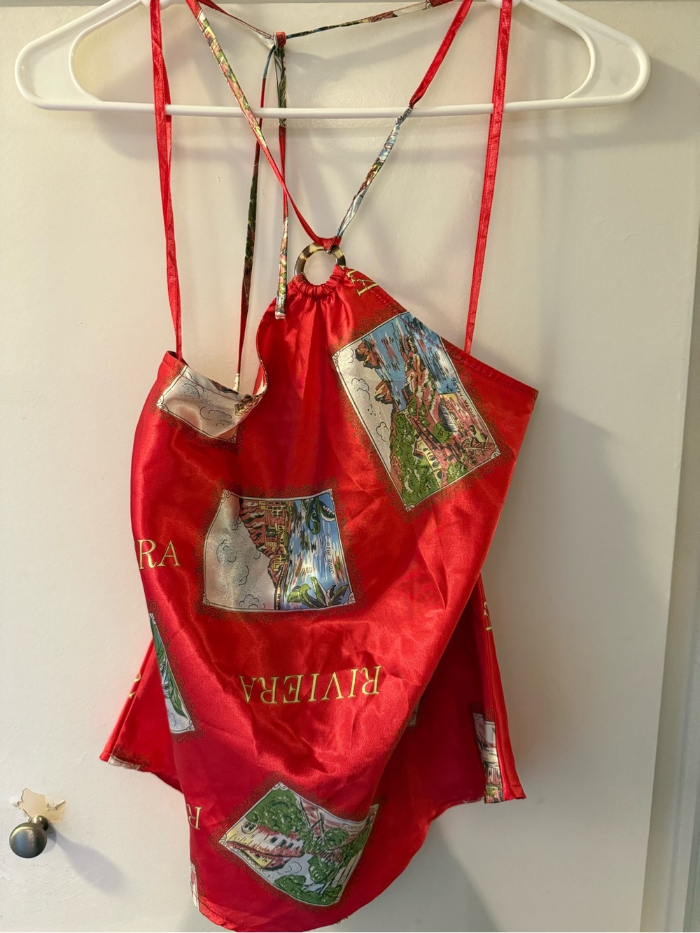 Red Satin Halter Top eurosummer Italian Scenic Print